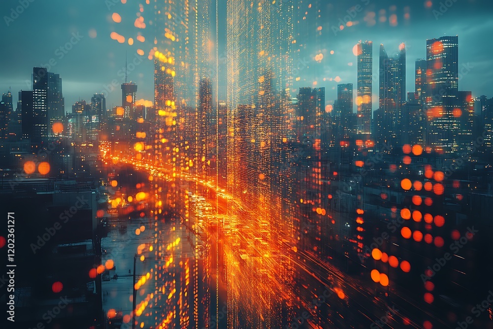 Night Cityscape Illuminated With Data Stream Overlay Night Cityscape Illuminated With Data Stream Overlay