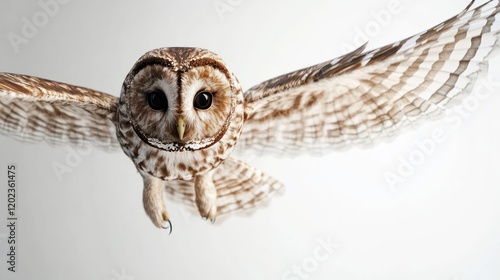 Owl in flight, close-up, white background, nature wildlife photo