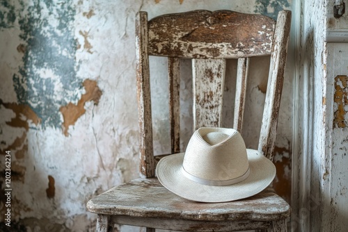 Cowboy hat resting on a rustic wooden chair near a bright window in an abando...