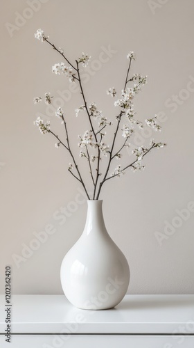 Elegant white vase with delicate flowers on a wooden dresser in a minimalist ...