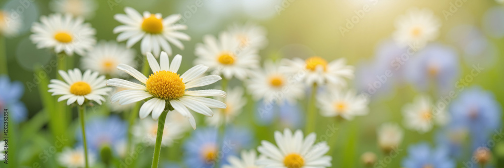Fototapeta premium White daisies blooming in a sunny meadow 
