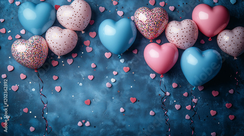Elegant Blue Heart Balloons with Glitter and Confetti on a Textured Blue Background – Perfect for Valentine's Day Celebration. Geberative AI