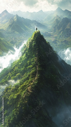 Majestic hiker standing on a mountain peak surrounded by lush greenery and mi...