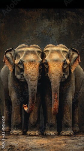 Three elephants standing together in a dramatic lighting setting showcasing t...