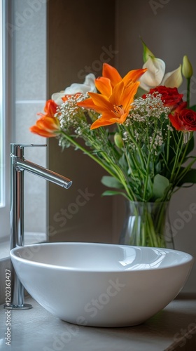 Elegant bathroom with a modern sink and vibrant floral arrangement beside it