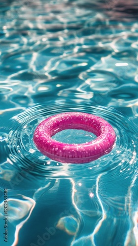 Colorful inflatable ring floating in a clear swimming pool on a sunny day