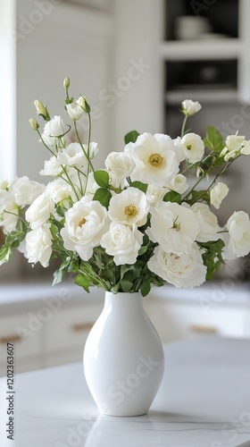 Bright white flower arrangement in a simple vase on a kitchen countertop duri...