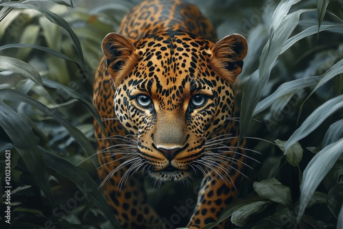 Majestic jaguar prowling through lush rainforest underbrush at dusk