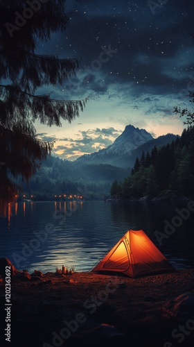 Cozy tent illuminated by a warm glow beside a tranquil lake at twilight in th...
