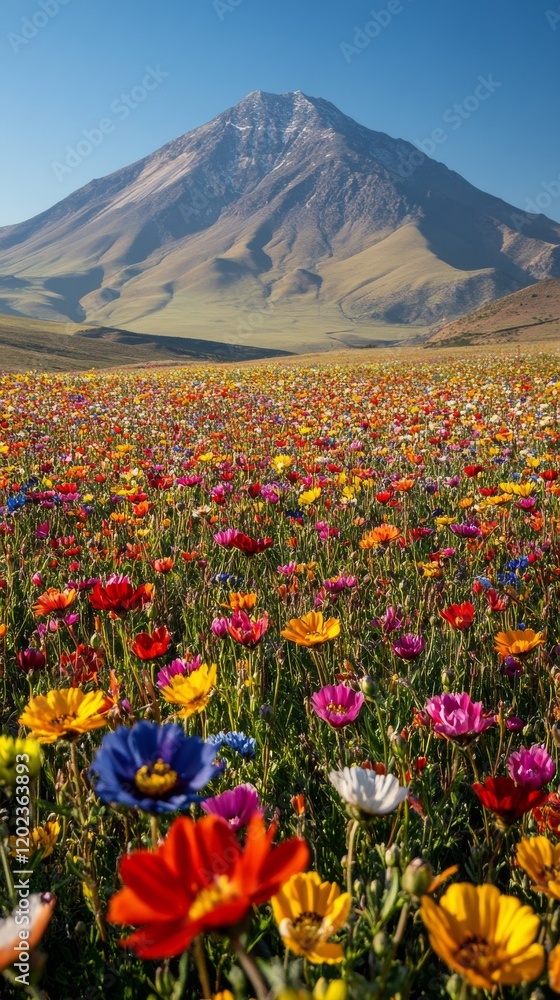 Fototapeta premium Vibrant wildflower field blooming in the mountains during a sunny day