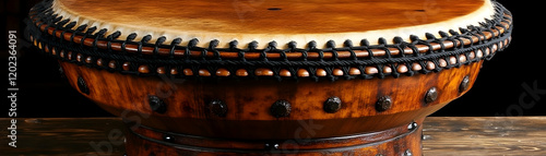 Intricate Wooden Drum, Musical Instrument, Percussion, Handcrafted, Detailed Closeup Photo photo