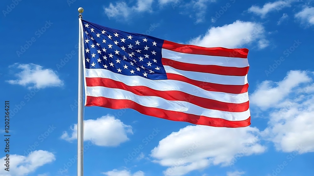 America flag waving gently on a flagpole with serene open skies above America flag waving gently on a flagpole with serene open skies above