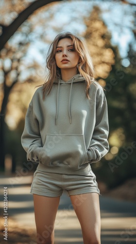 Young woman in casual attire enjoys a sunny day outdoors in a park setting wi...