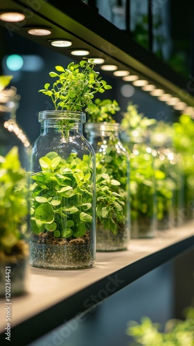 Green plants thriving in glass jars on a display shelf in a modern indoor garden