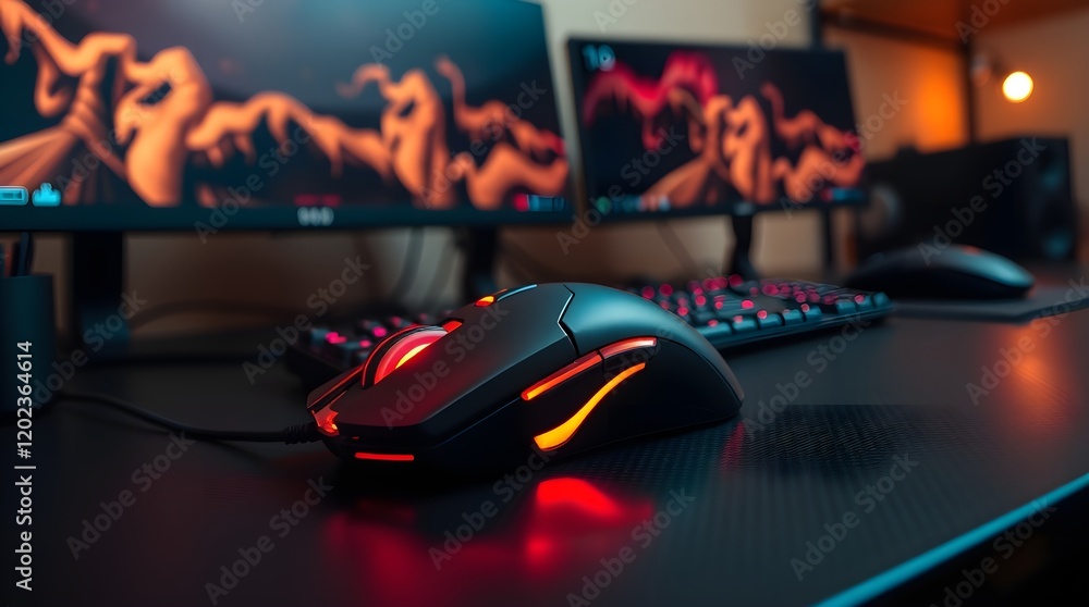 natural earth tones A high-performance gaming mouse with sleek curves and vibrant red LED lights on a modern black carbon-fiber desk. natural earth tones A high-performance gaming mouse with sleek curves and vibrant red LED lights on a modern black carbon-fiber desk.