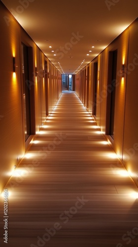 Modern hallway illuminated with warm lighting leading to an unknown destinati...