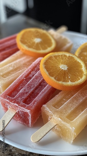 Colorful fruit popsicles arranged on a plate with orange slices for a refresh...