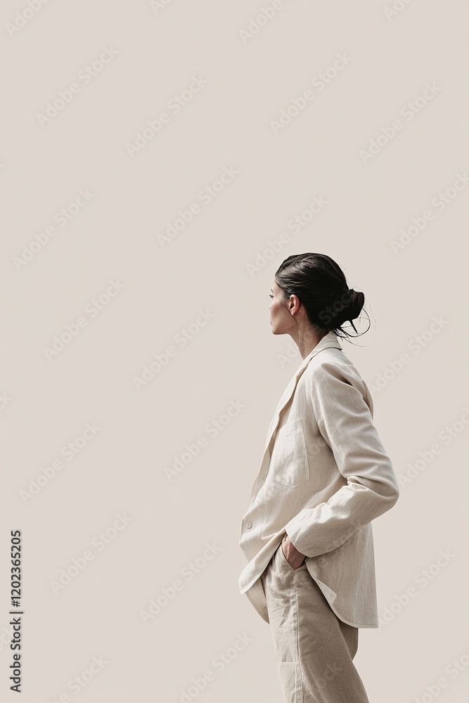 A woman stands gracefully, wearing a structured light beige blazer and matching pants, with her hair pulled back. She gazes thoughtfully, embodying a sense of calm and contemplation in a modern space A woman stands gracefully, wearing a structured light beige blazer and matching pants, with her hair pulled back. She gazes thoughtfully, embodying a sense of calm and contemplation in a modern space