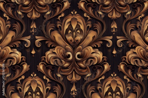 Intricate gold damask pattern on dark wood