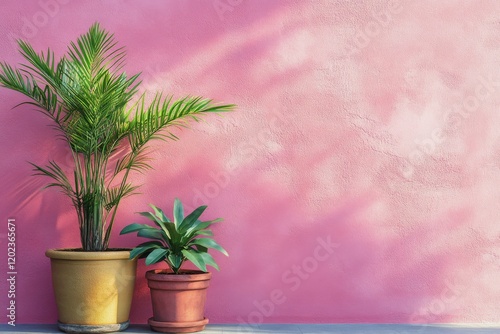 Indoor plants on wooden shelf against a pink wall with sunlight casting shado...