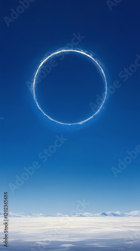 Vast blue sky with circular cloud formation over snowy mountains during daytime