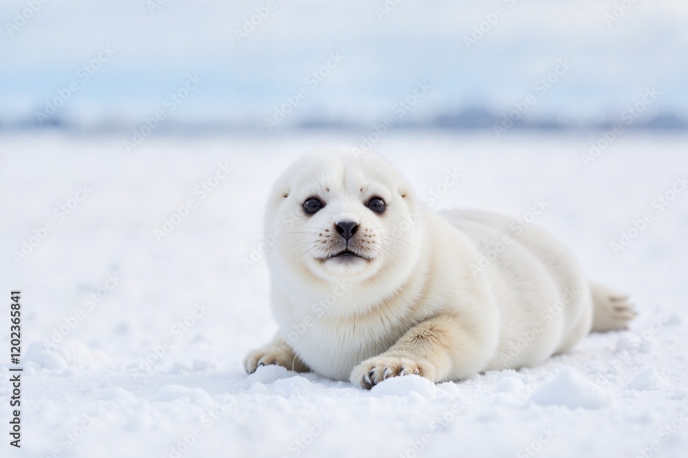 Obraz premium Fluffy white baby seal with innocent eyes lying on snowy landscape, showcasing its pure nature. Wildlife photography concept