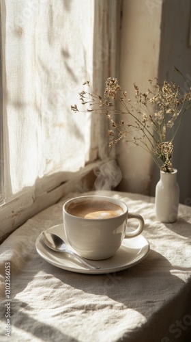 Morning coffee on a sunlit table with dried flowers in a cozy room
