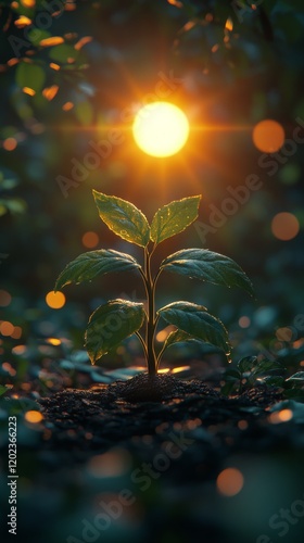 Sprouting plant illuminated by glowing light in enchanting forest setting dur...