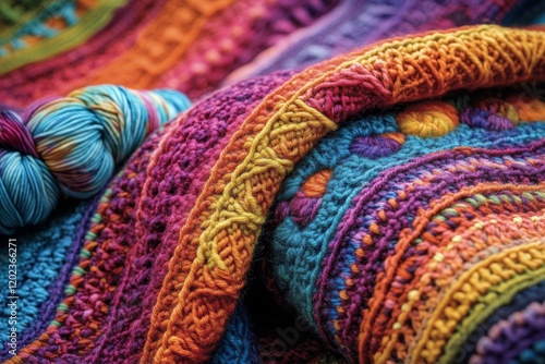 Vibrant textile featuring intricate crochet patterns and colorful yarn spools...