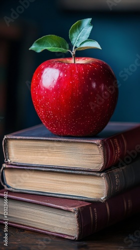 Bright red apple resting on stacked antique books in a cozy indoor setting