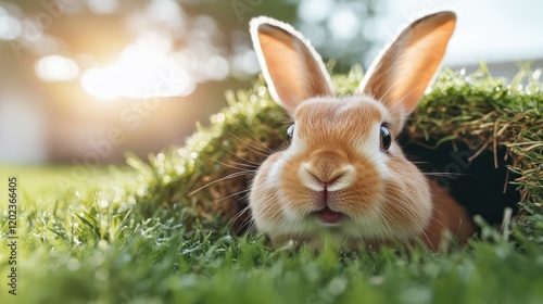 A curious rabbit peeks out from its burrow, showcasing its playful nature and the beauty of wildlife amidst a serene backdrop of sunlight and lush greenery.