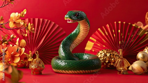 Green snake figurine, Chinese New Year, red background, festive decor, holiday celebration photo