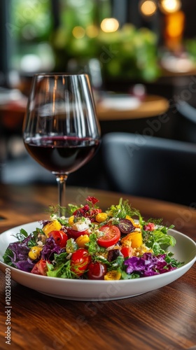 Colorful salad and red wine in a cozy restaurant setting during dinner time