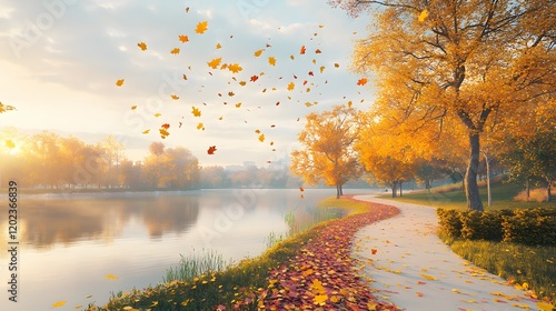 Wallpaper Mural Autumnal Park Path Beside a Calm Lake Torontodigital.ca