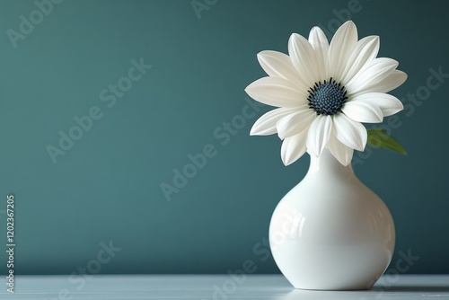 Beautiful white flower in a ceramic vase on a wooden table background