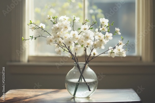 Beautiful white flowers in a clear vase on a light fabric background