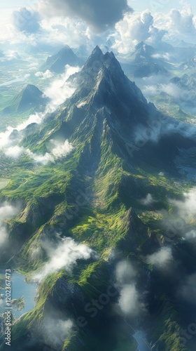 Majestic mountain landscape with clouds and lush greenery under a bright sky