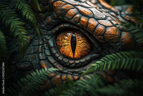 Close-Up View of Dinosaur Eye With Golden Details Among Jungle Foliage