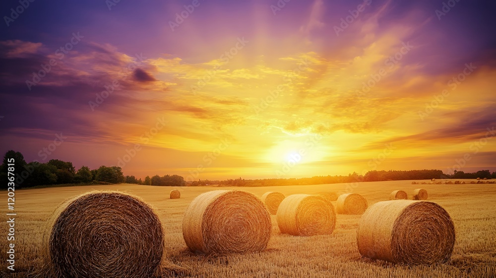 Golden Hay Bales Sunset Rural Landscape Golden Hay Bales Sunset Rural Landscape