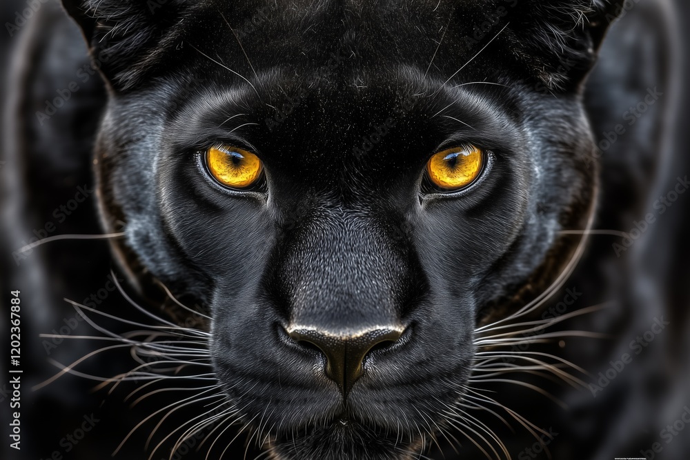Close-Up Portrait of a Black Panther with Intense Yellow Eyes Close-Up Portrait of a Black Panther with Intense Yellow Eyes