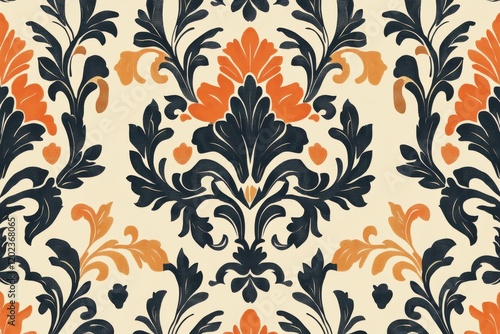 Elegant Damask Pattern in Orange & Navy
