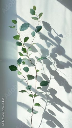 Green plant branch casting shadows on a light wall in natural light