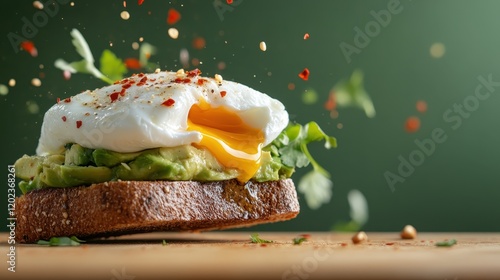 A flavorful representation of avocado toast, featuring a runny poached egg left to delightfully overflow, garnished with spices, capturing the essence of modern cuisine. photo