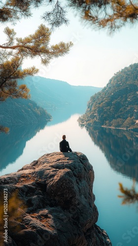 Peaceful moment of reflection by a serene lake surrounded by trees at sunset
