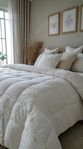 Soft white bedding arrangement with textured cushions in a cozy bedroom setting