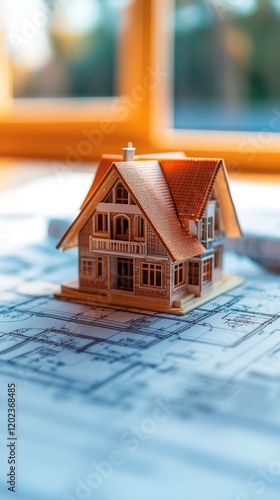 Intricate wooden model house displaying architectural details on blueprint ba...