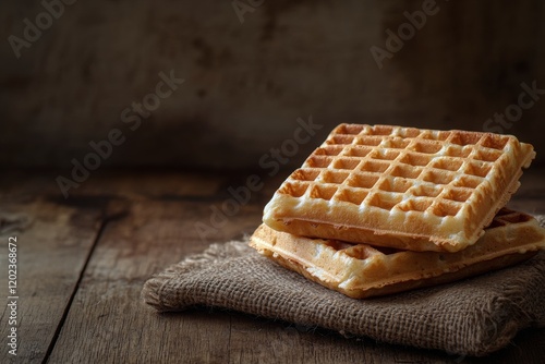 Delicious thin waffles placed on rustic wooden table