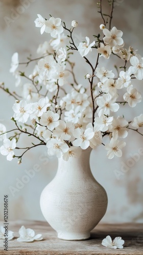 Beautiful white cherry blossoms arranged in a simple vase on a wooden table i...