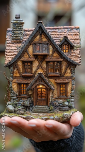 Wooden model house held by a person showcasing craftsmanship and attention to...