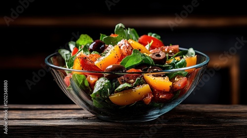 A healthy and colorful salad featuring leafy greens, tomatoes, and olives, beautifully arranged in a glass bowl, promoting fresh eating and a wholesome lifestyle. photo